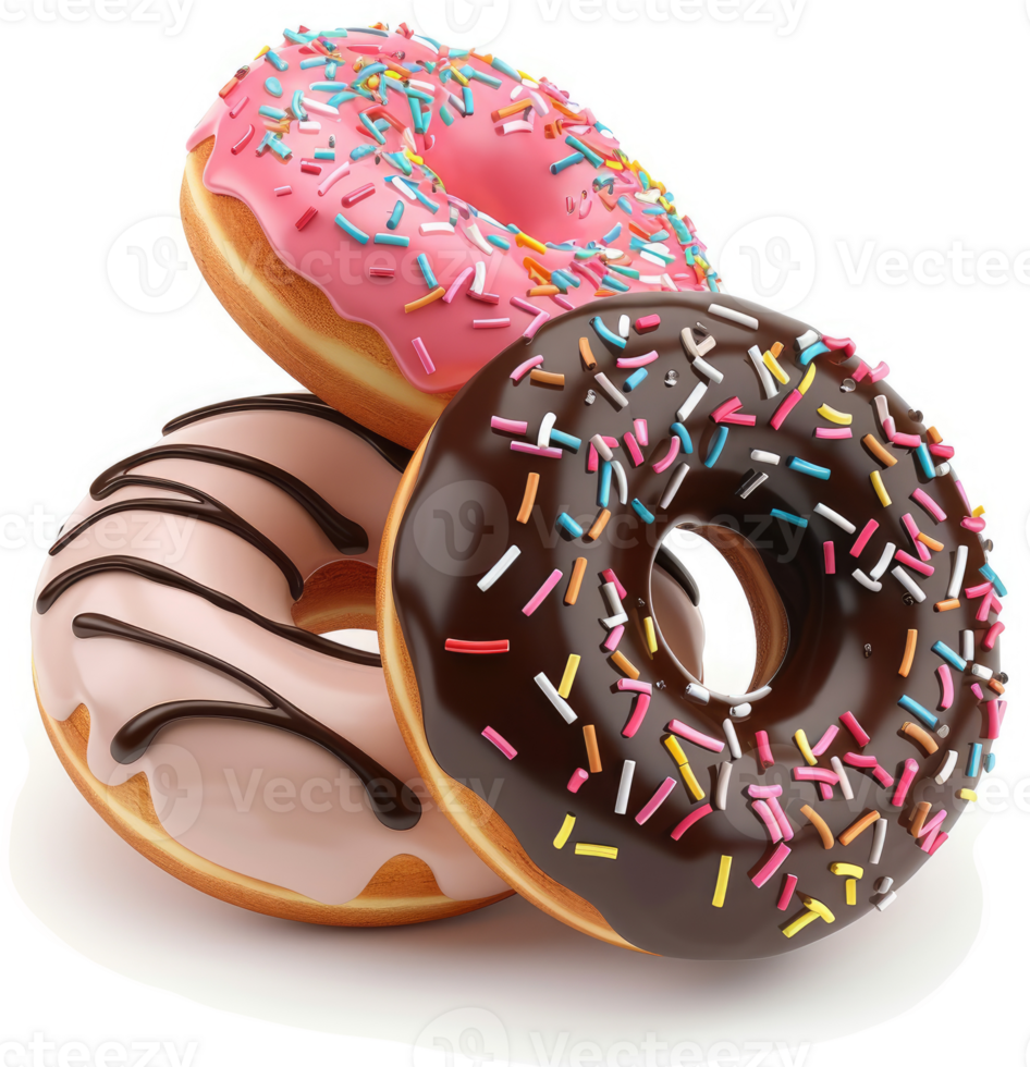 Three glazed donuts, piled high, with sprinkles and chocolate icing. png