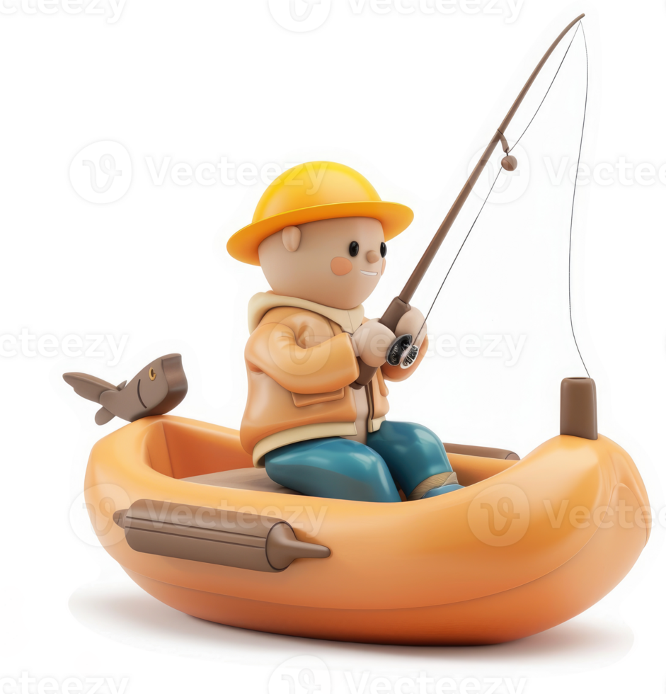 Smiling boy fishes from an orange inflatable boat. png