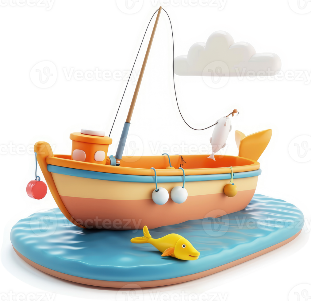 Colorful cartoon fishing boat illustration on water. png
