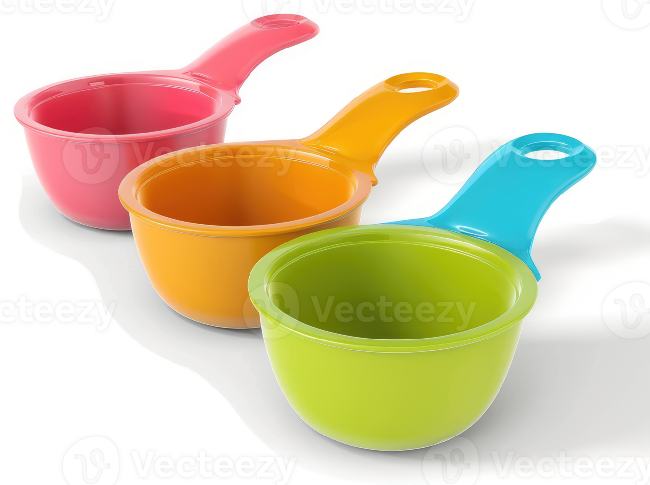 Three colorful plastic measuring cups with handles. png