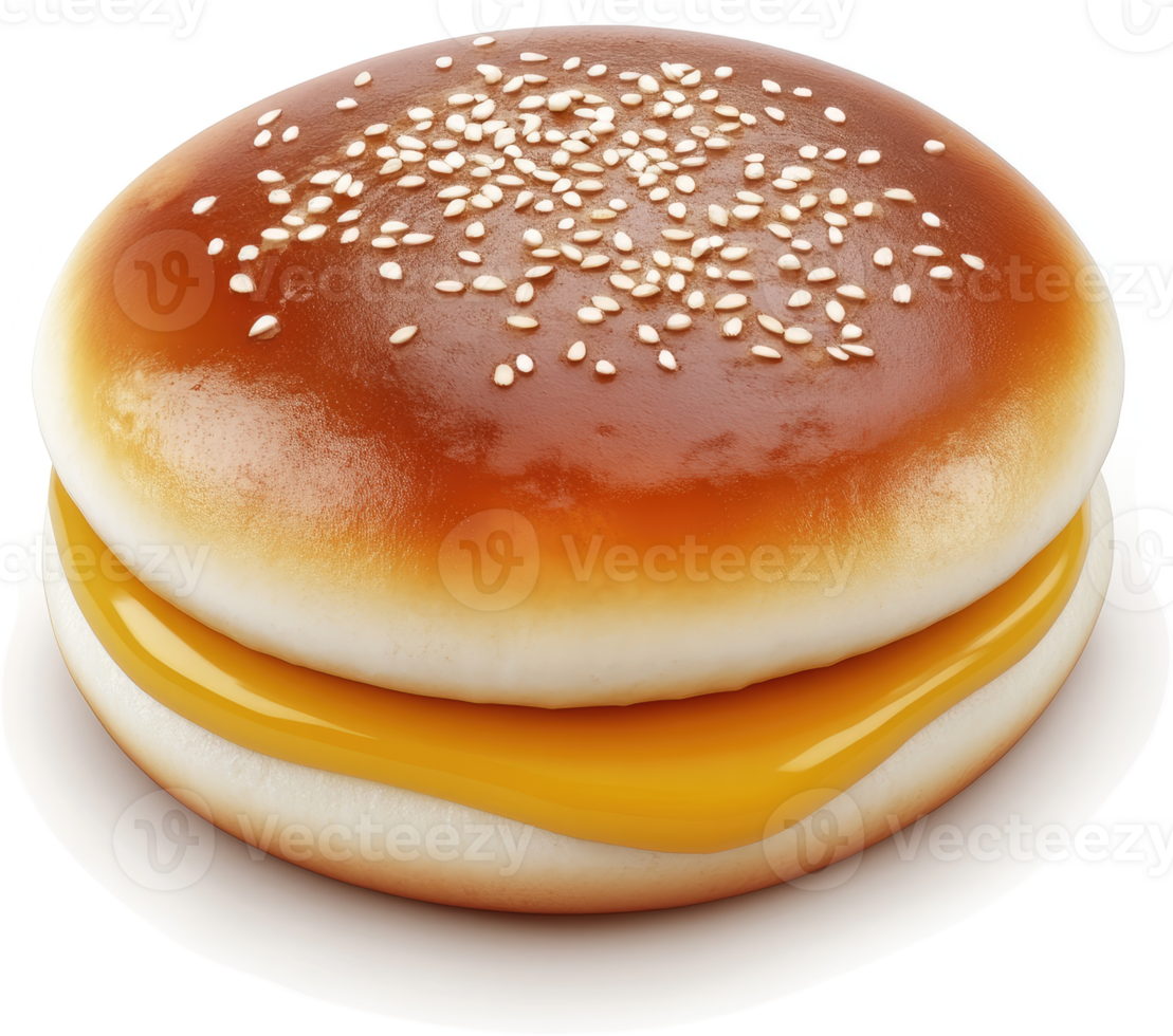 A toasted sesame seed bun with melted cheese. png