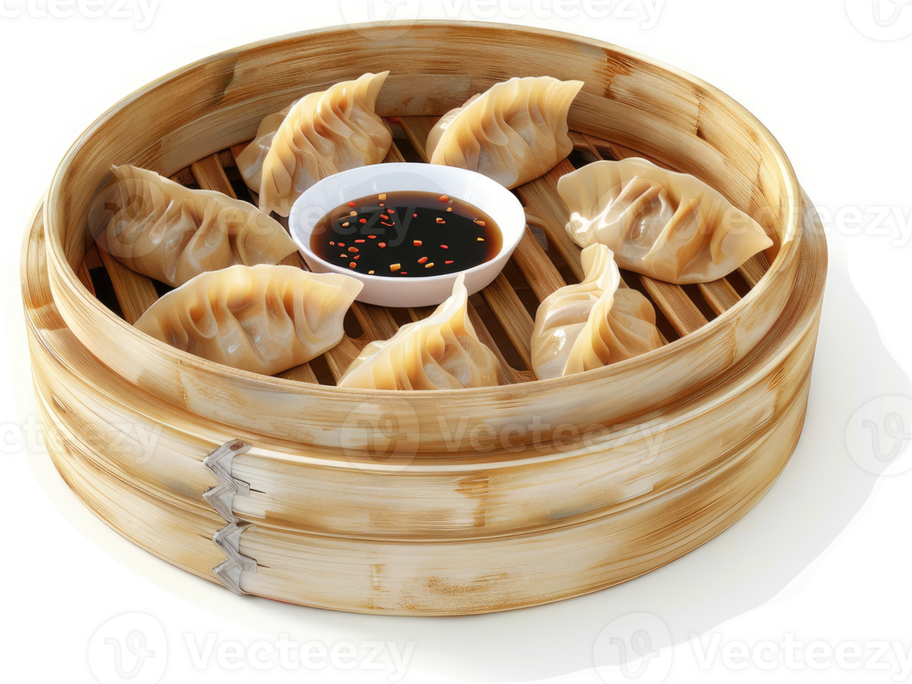 Steamed dumplings served in a bamboo steamer with dipping sauce. png