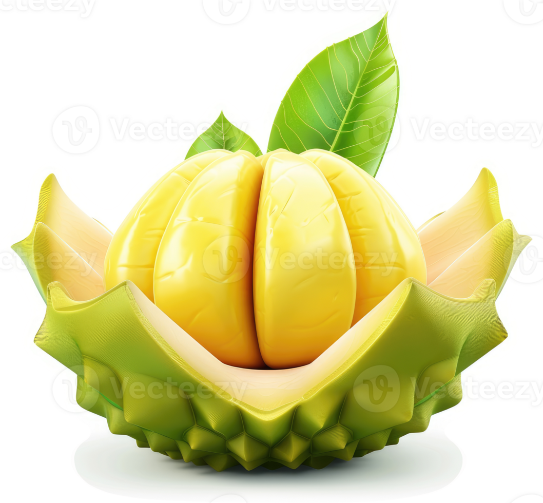 Delicious durian fruit segments nestled in its spiky shell. png