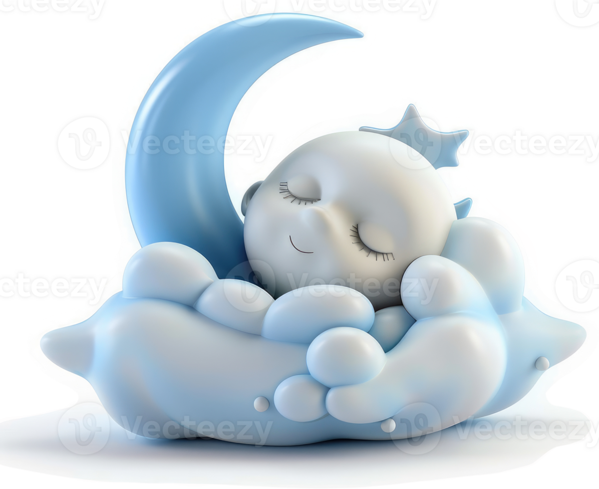 Gentle, sleeping baby figure nestled in a blue cloud and moon. png