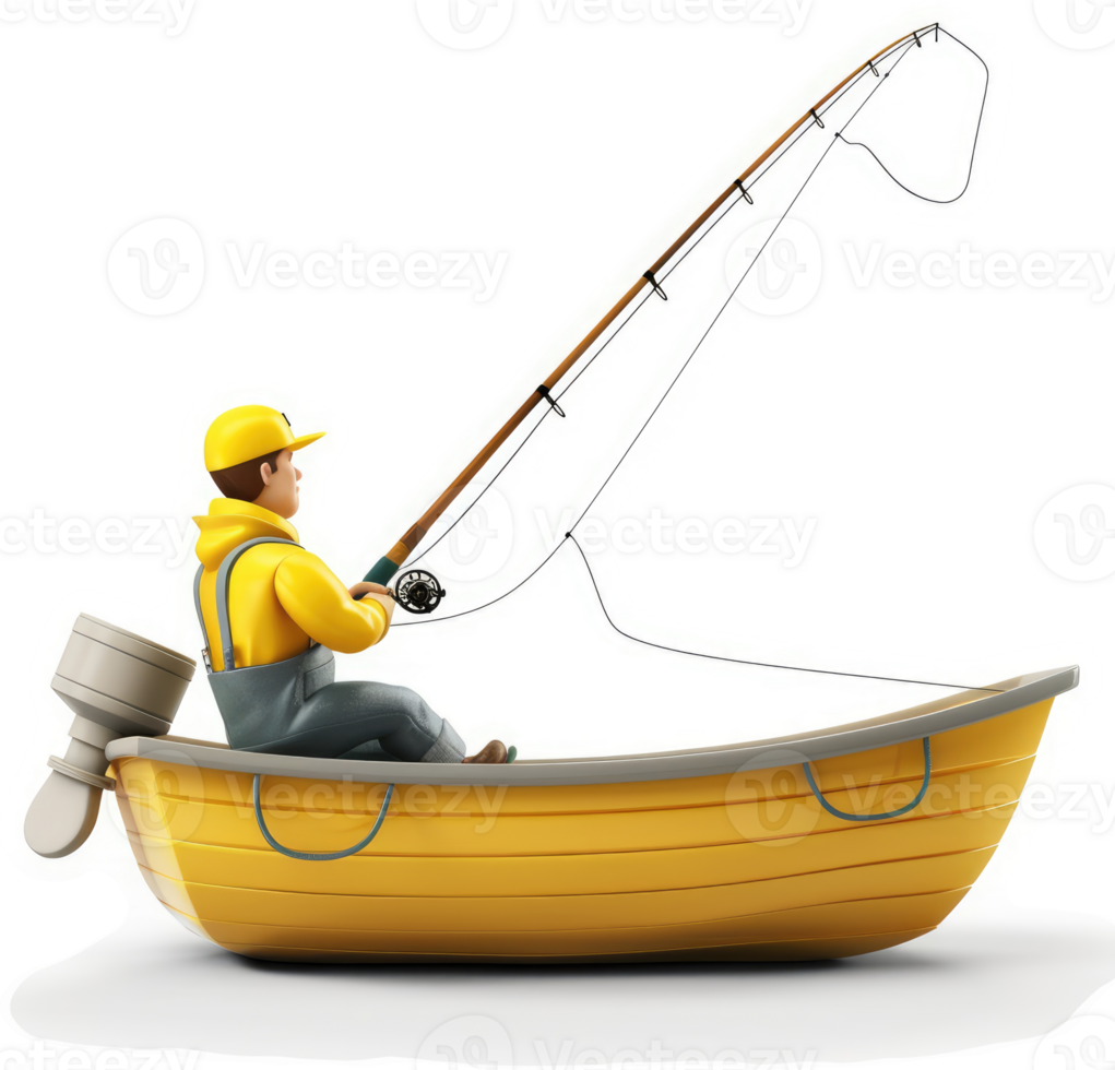 Cartoon illustration of a fisherman in a small yellow boat. png