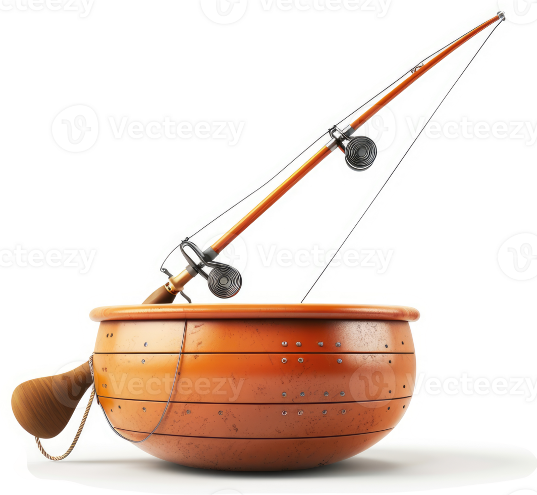 Wooden fishing bowl with a fishing rod. png
