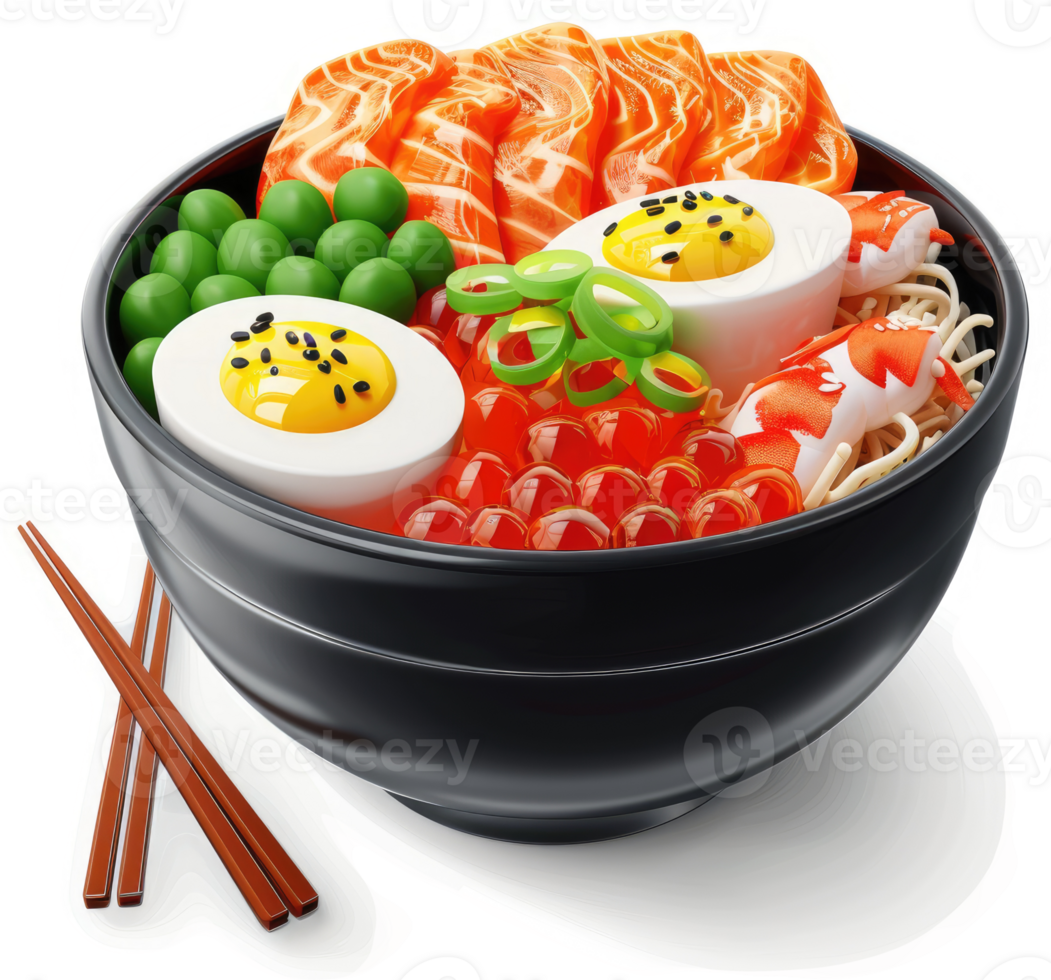 Colorful bowl of ramen with salmon, shrimp, eggs, and peas. png