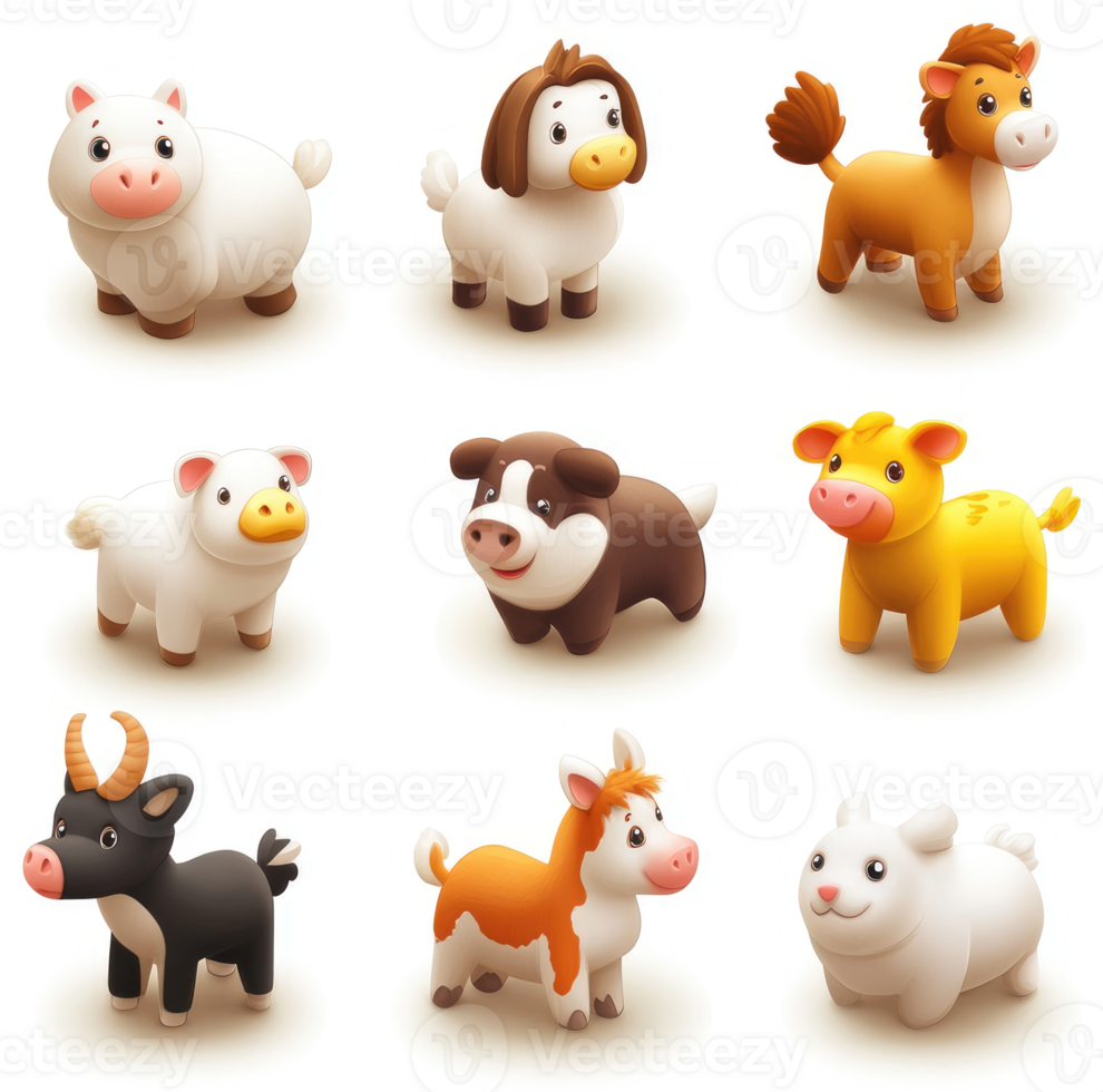 Cute cartoon farm animals in various colors and poses. png