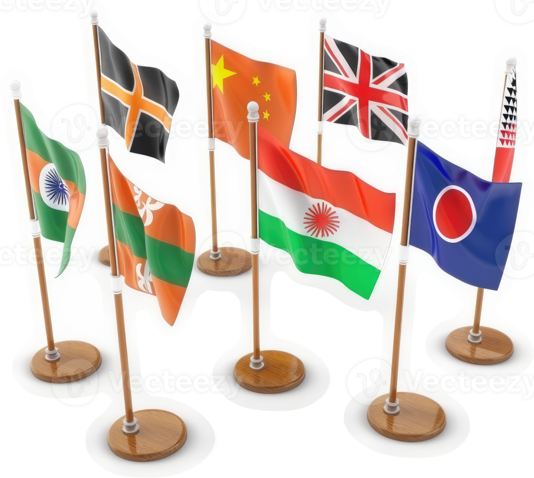 International flags displayed on stands, representing diverse nations. png