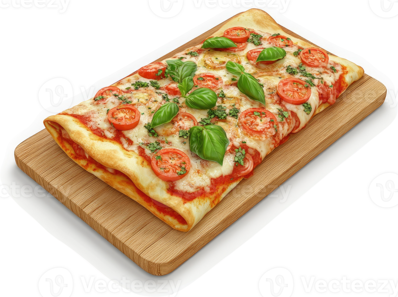 delicioso retangular pizza com tomate fatias e manjericão. png