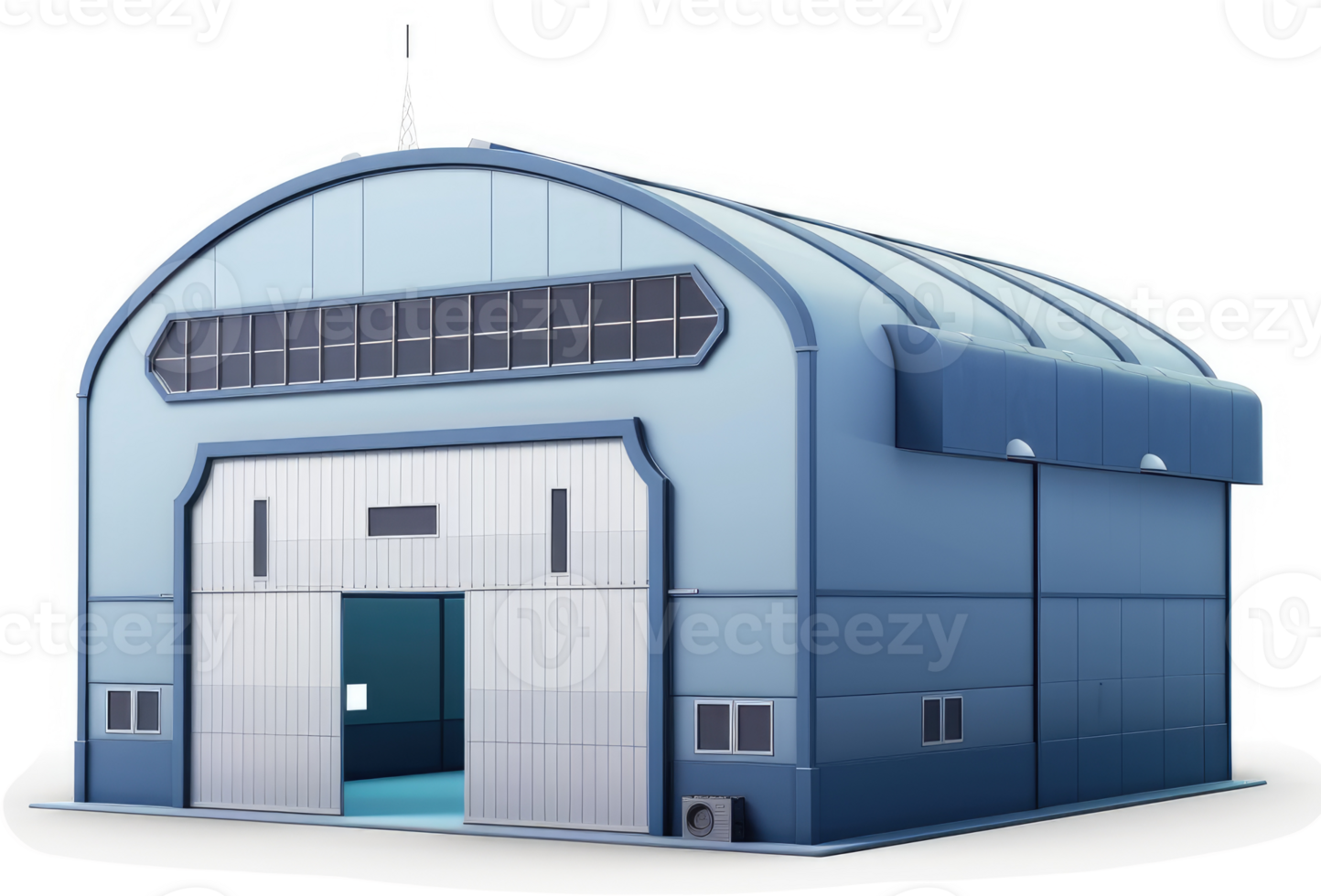 Light-blue, arched industrial building with large garage doors. png