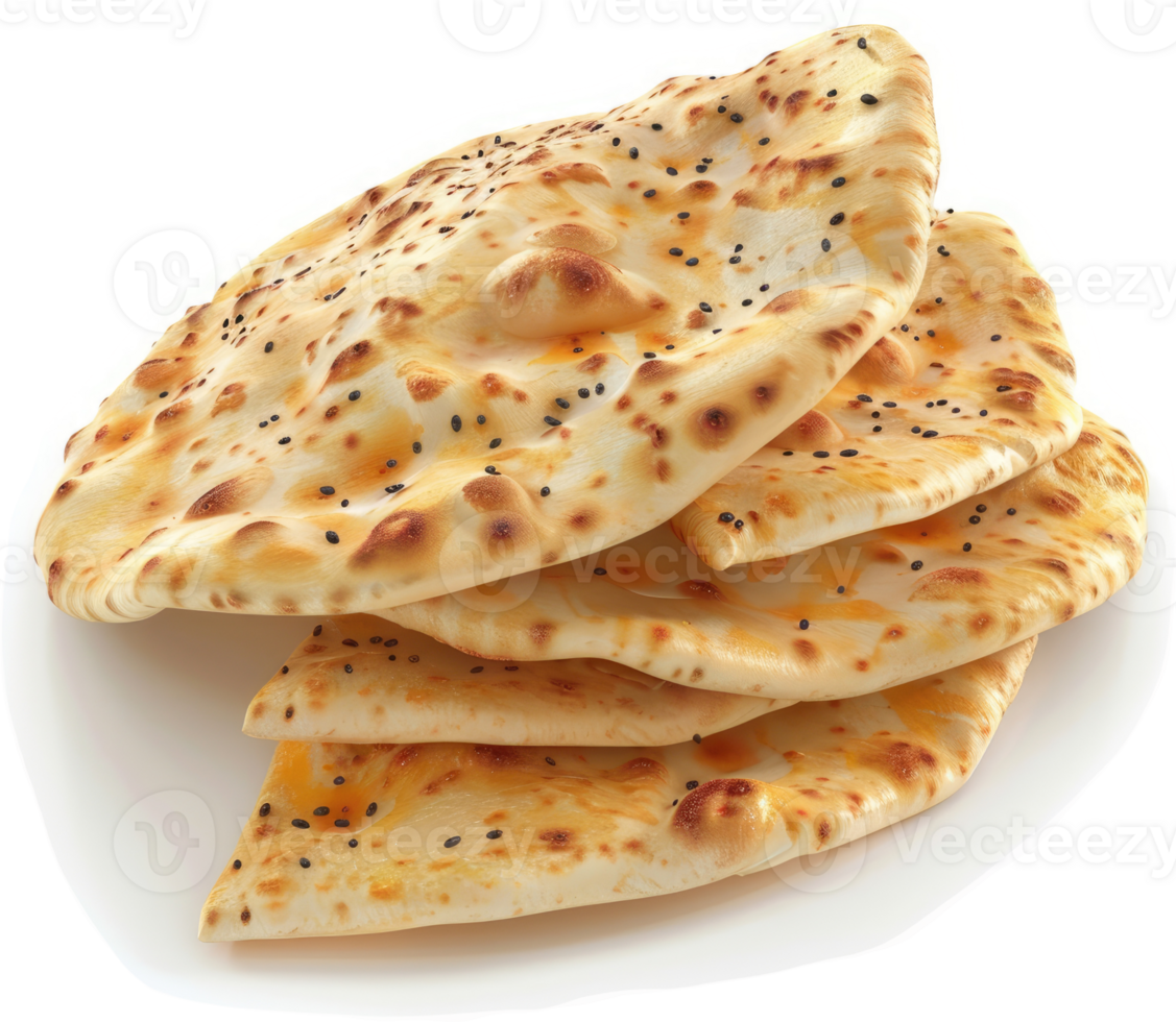 Stacked, golden-brown naan breads, seasoned with spices. png