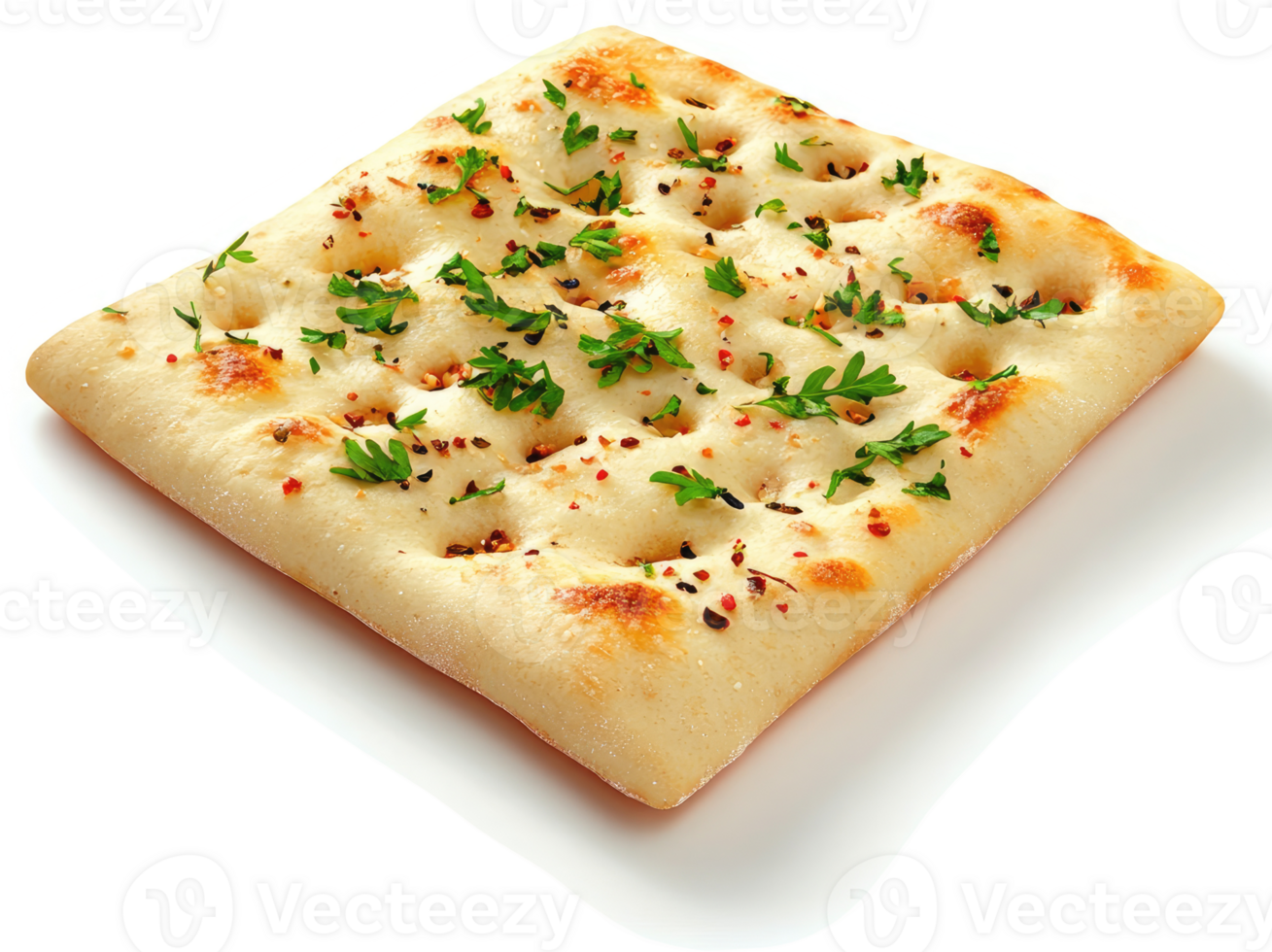 Spiced flatbread square topped with herbs. png