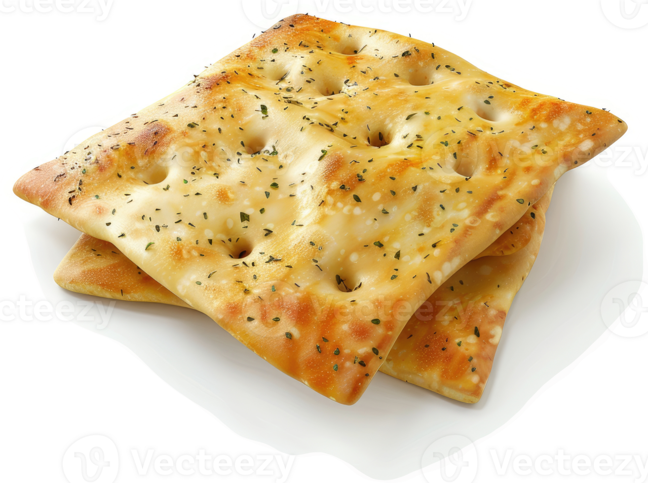 Two golden, seasoned crackers stacked atop each other. png
