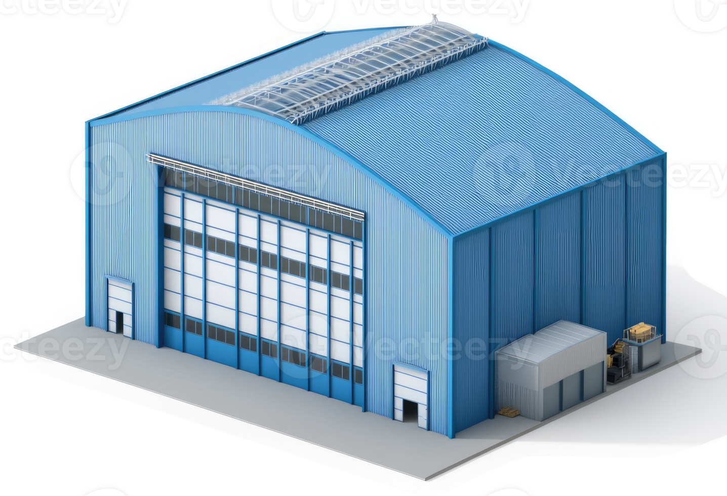 Modern, light-blue aircraft hangar illustration. png