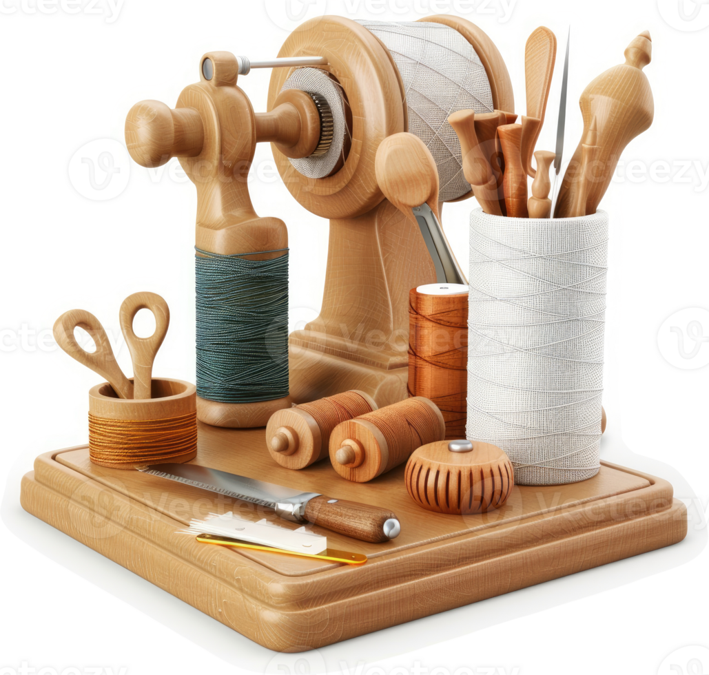 Vintage wooden sewing and crafting tools displayed on a tabletop. png