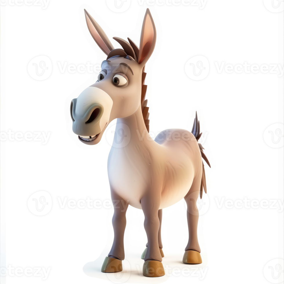 Smiling cartoon donkey stands poised against a white background. png