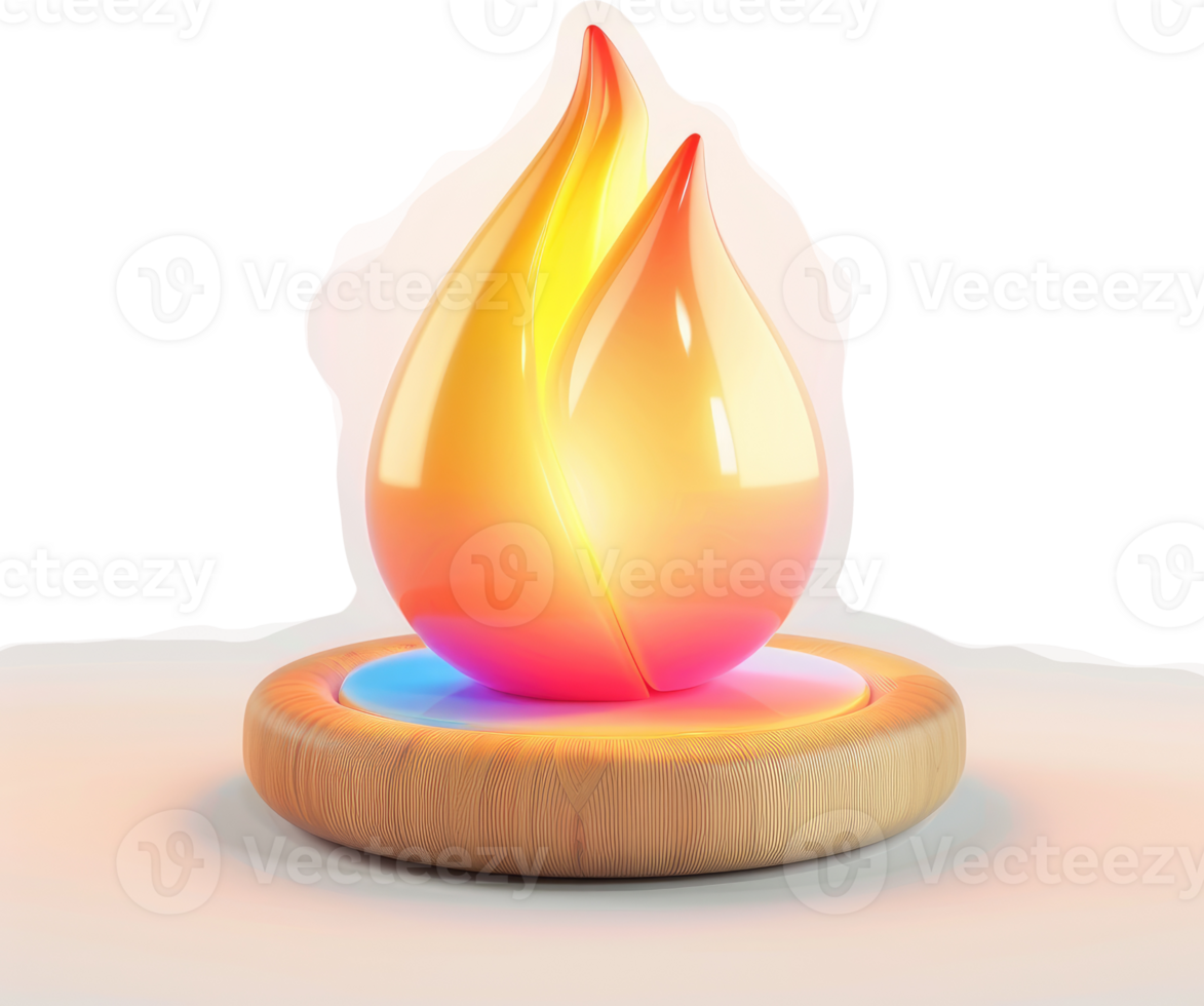 Illuminated flame-shaped droplet on a wooden base. png