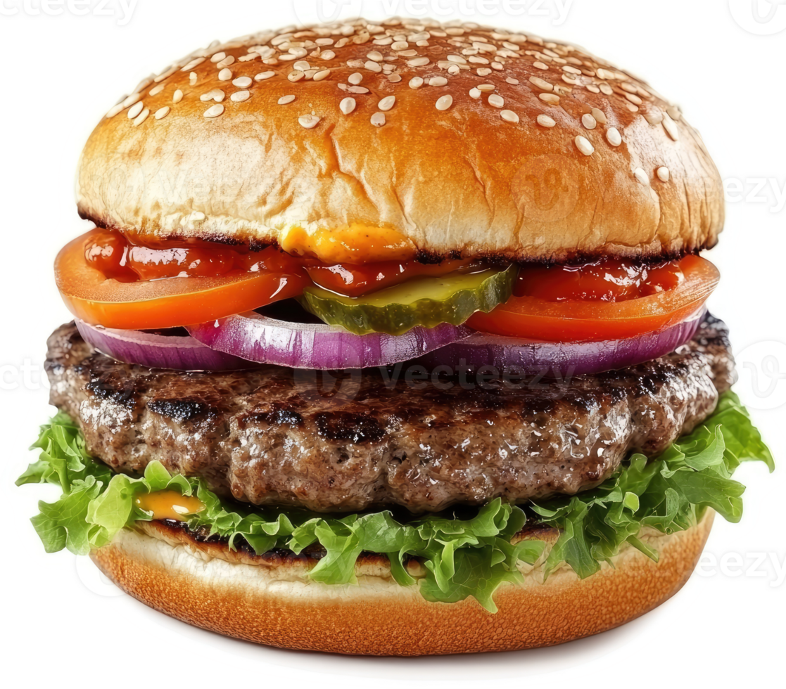 Deliciously seasoned beef patty, topped with fresh toppings, nestled within a toasted bun. png