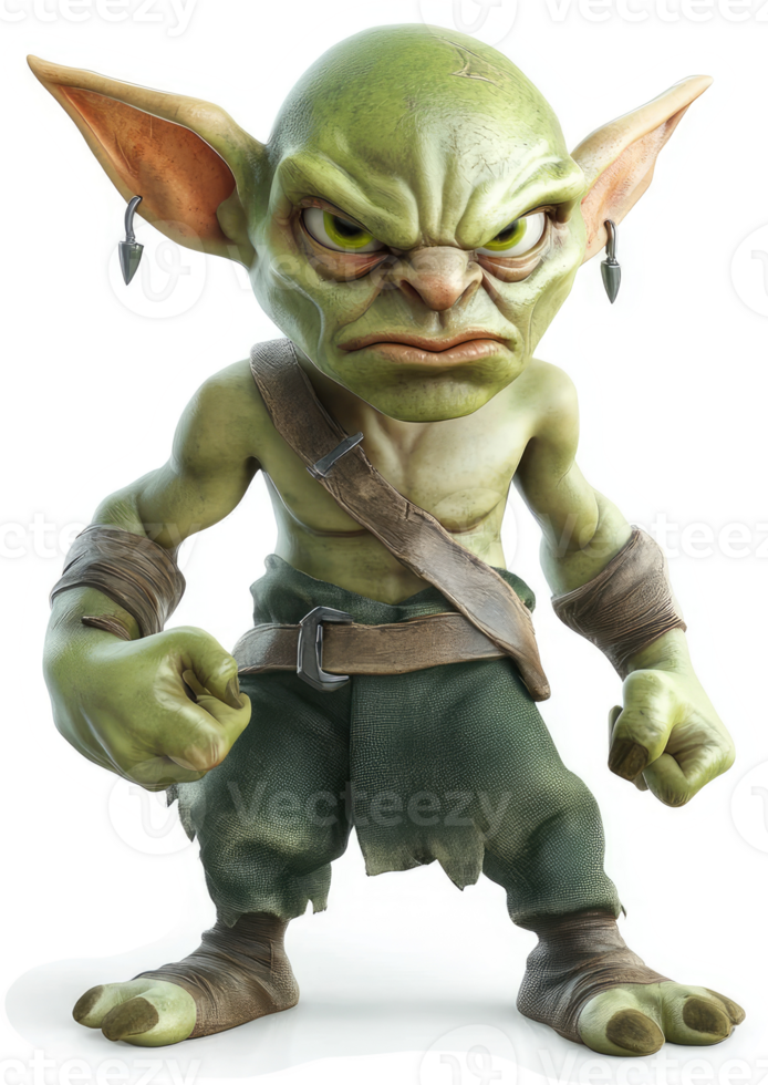 Green, ferocious goblin figure with pointed ears. png