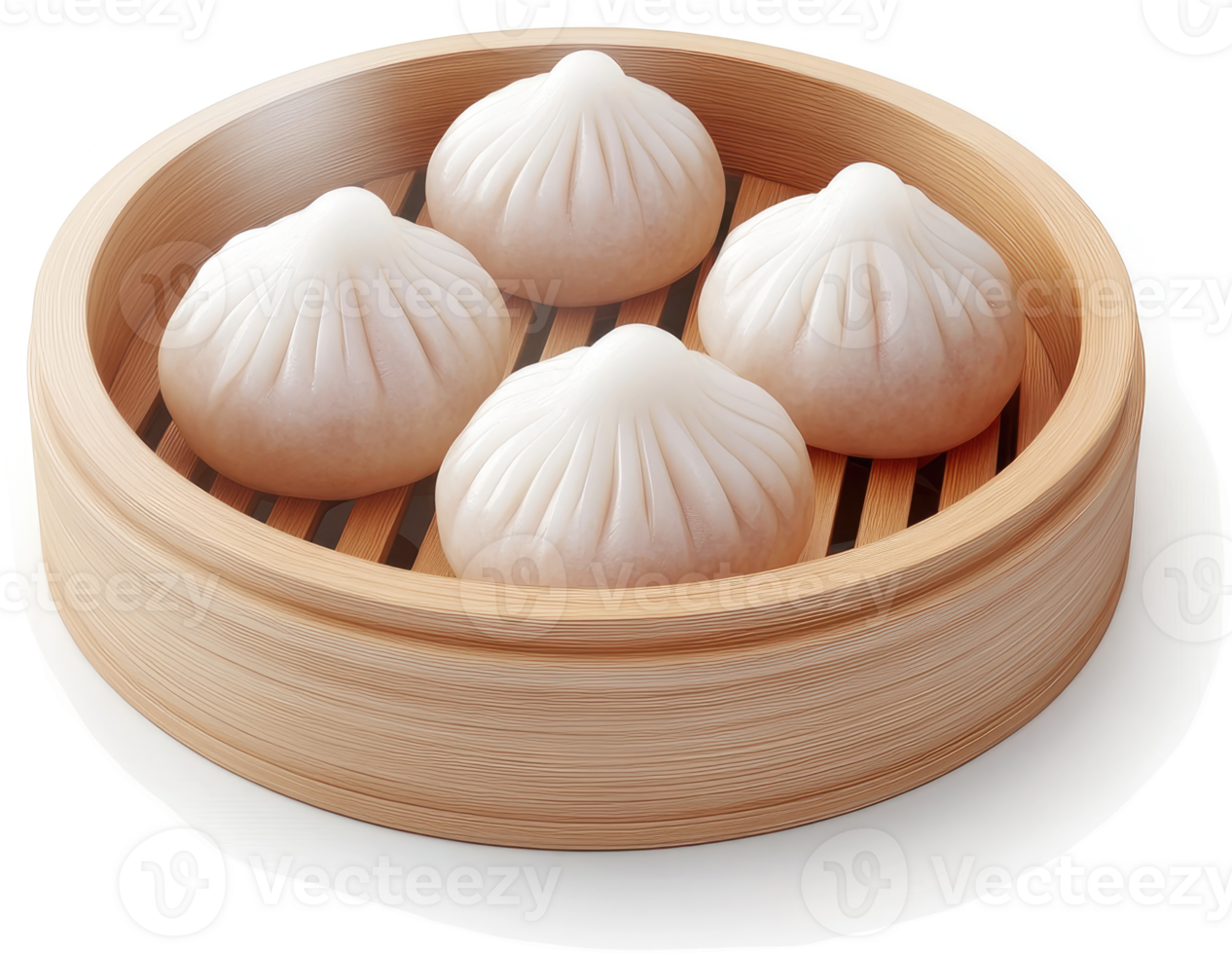 Four steaming dumplings in a bamboo steamer. png