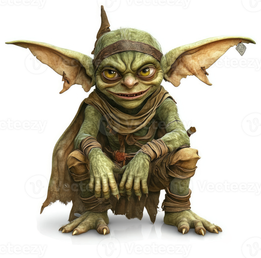 Fantasy creature, seated, with pointed ears and a mischievous expression. png