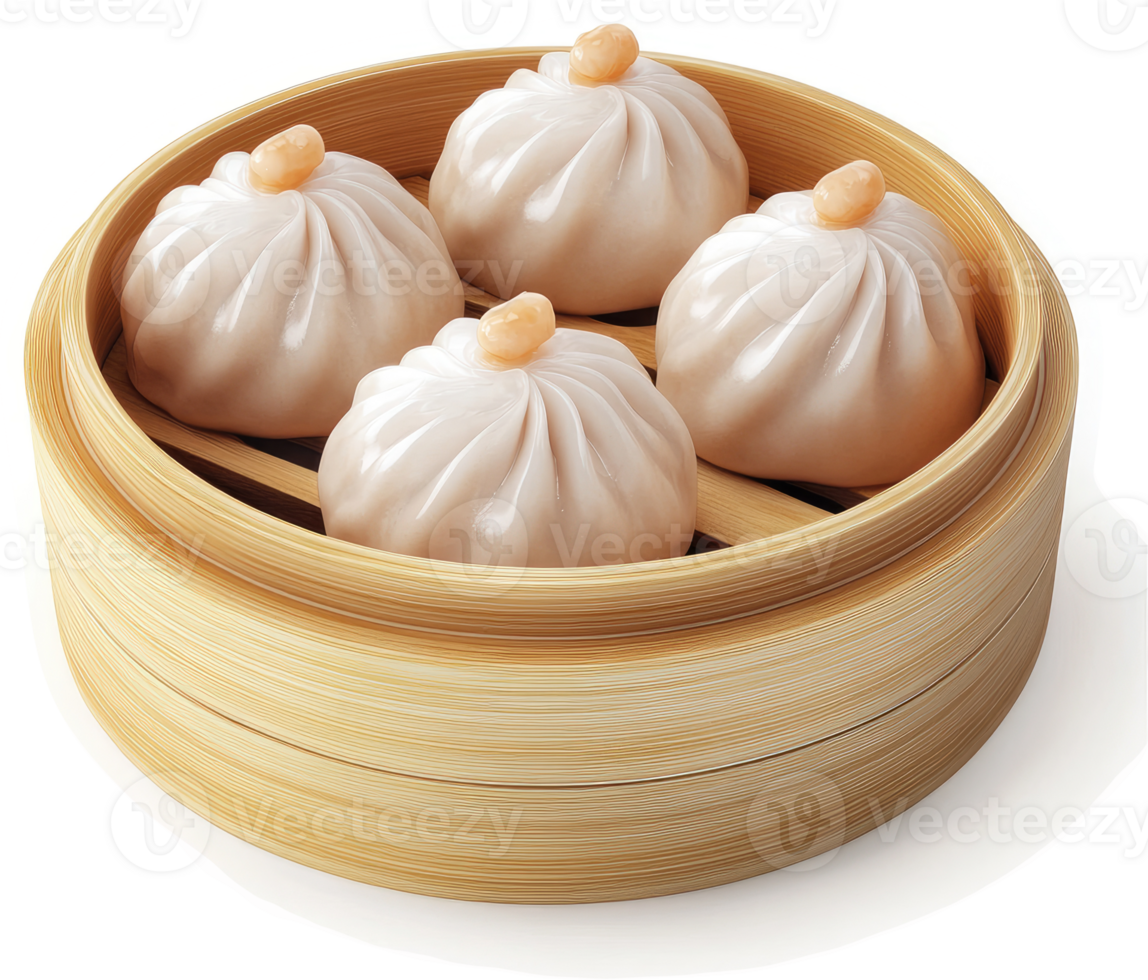 Four delicate steamed dumplings served in a traditional bamboo steamer. png