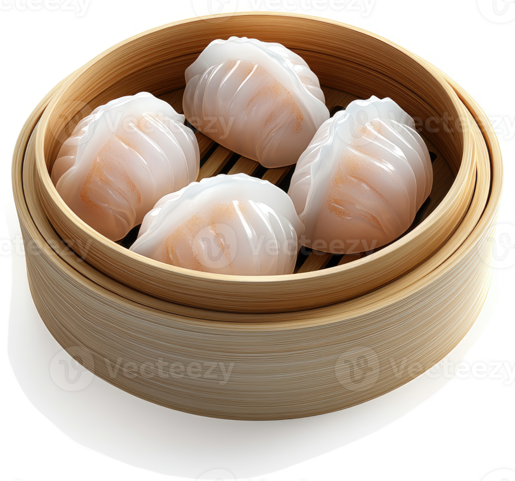 Four delicate steamed dumplings in a bamboo steamer basket. png