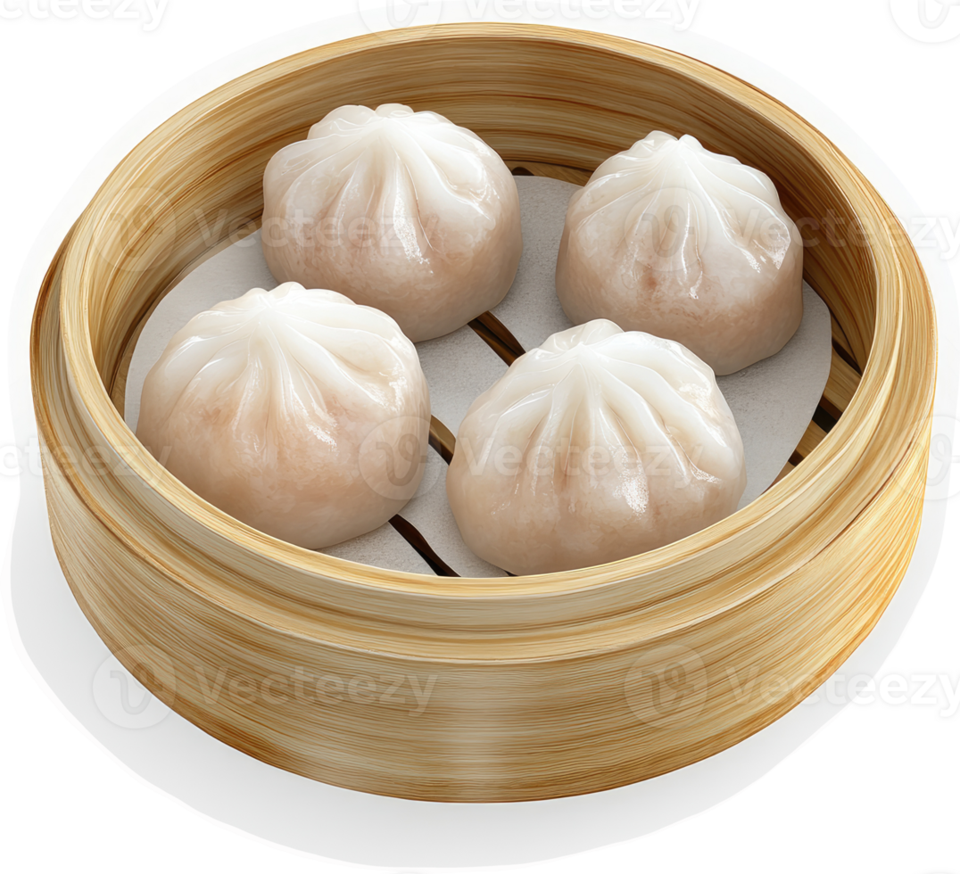 Four delicate steamed dumplings in a bamboo steamer. png