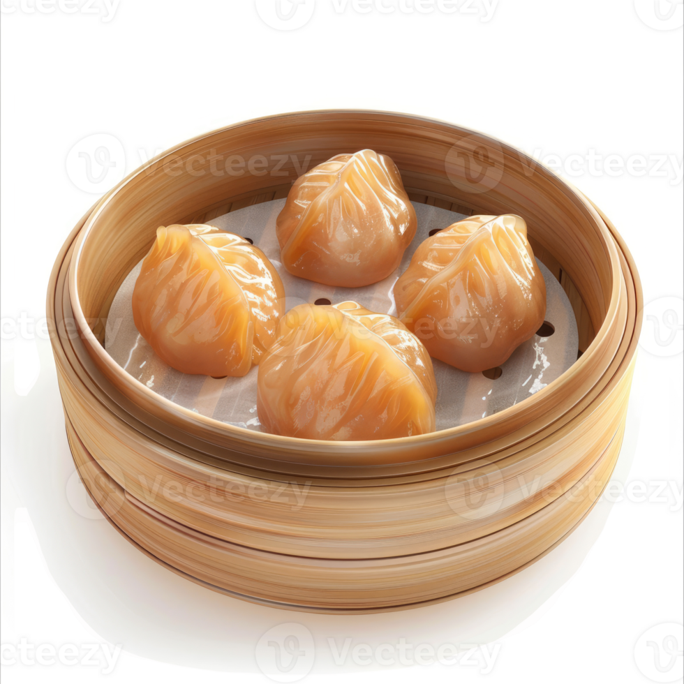 Steamed dumplings, four, in a bamboo steamer. png