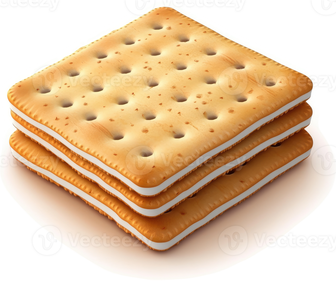 Three layered cream crackers, golden brown and white. png