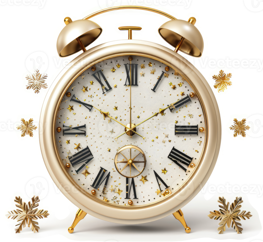 Gold-toned alarm clock, festive design, with snowflakes. png