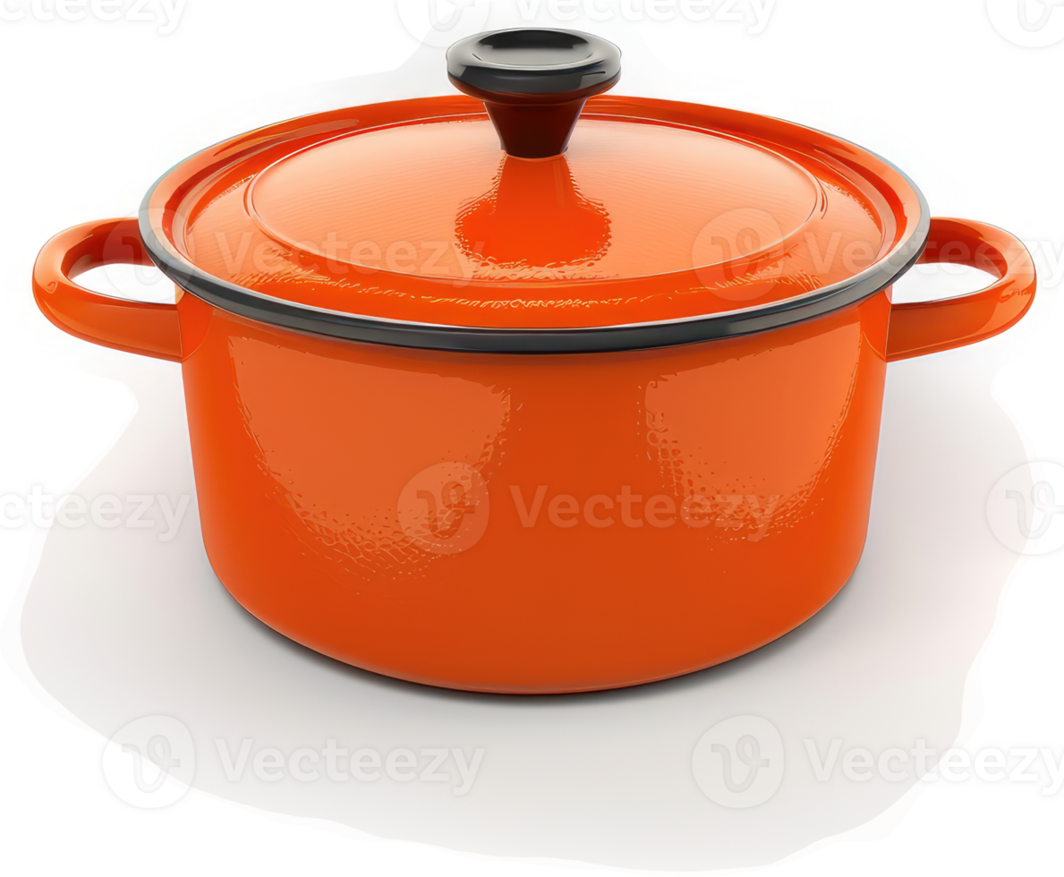 Vibrant orange cooking pot with a black rim and lid. png