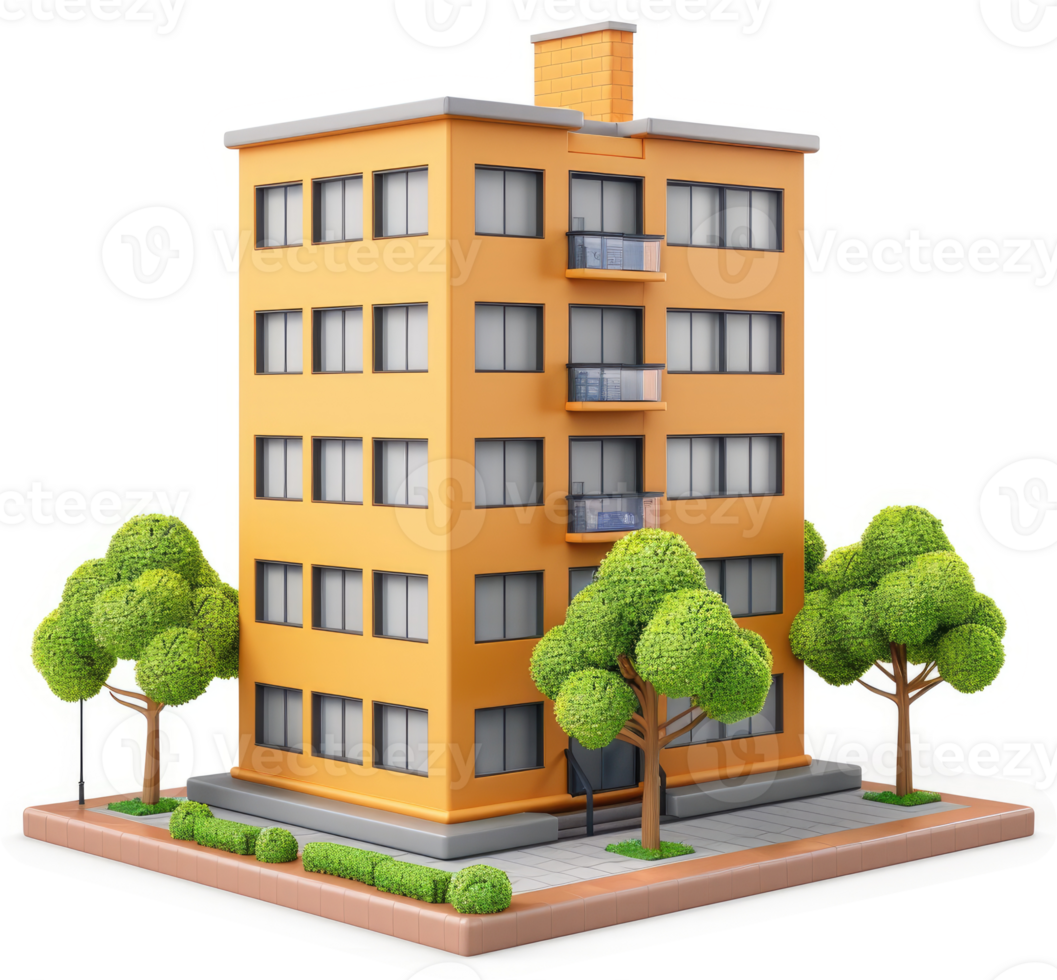 Urban apartment building with landscaping. png
