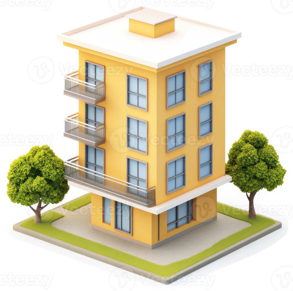 Three-story apartment building with trees on a grassy area. png