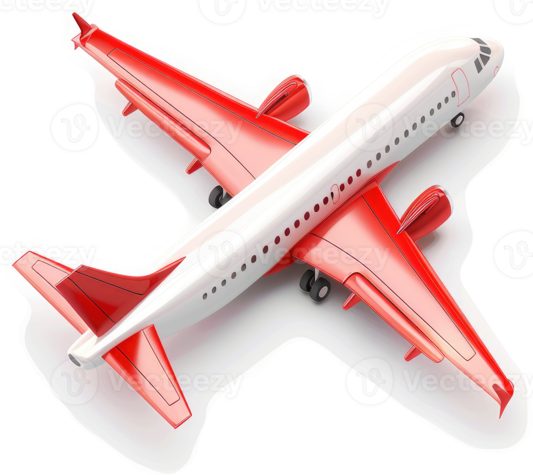 Red and white passenger jet in flight. png