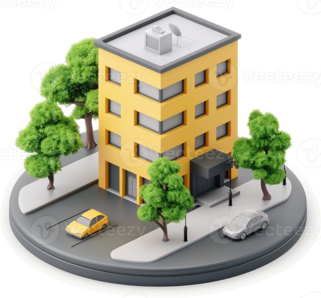 Urban residential building, situated on a circular platform. png