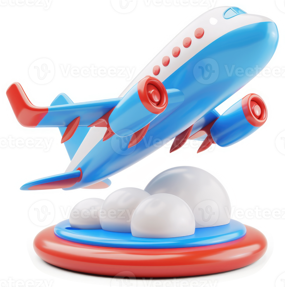 Vibrant cartoon airplane soaring above puffy clouds. png