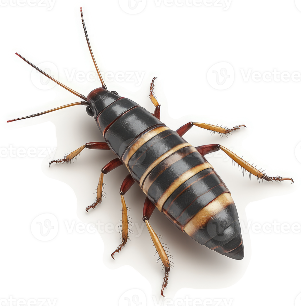 Detailed view of a striped, black and tan insect. png