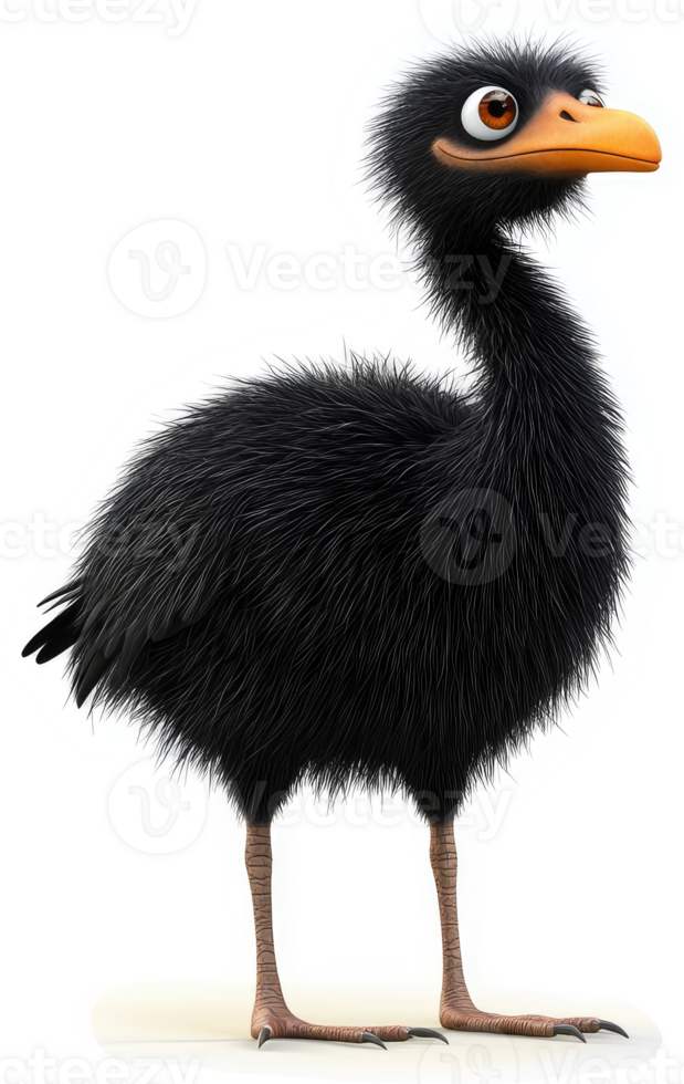 Cartoonish black emu with expressive eyes. png