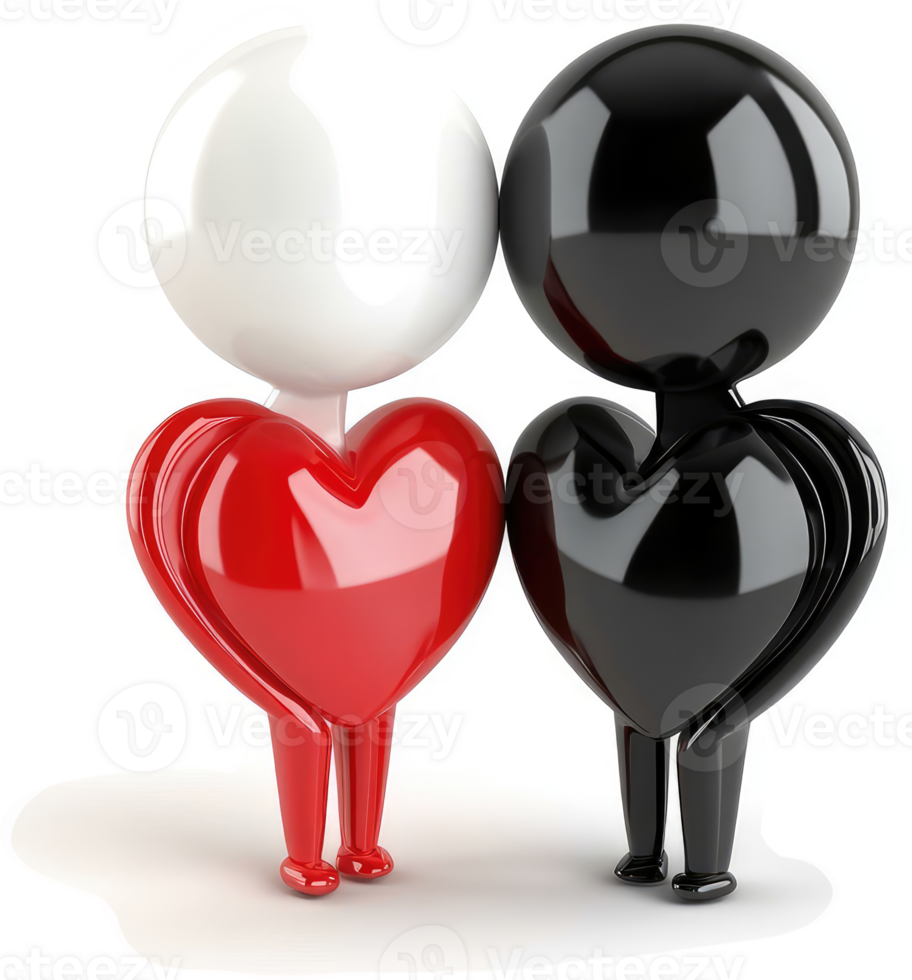 Two figures, white and black, embrace with red and black hearts. png