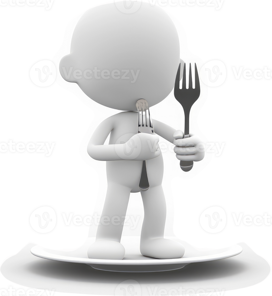 White cartoon figure eating with a fork. png