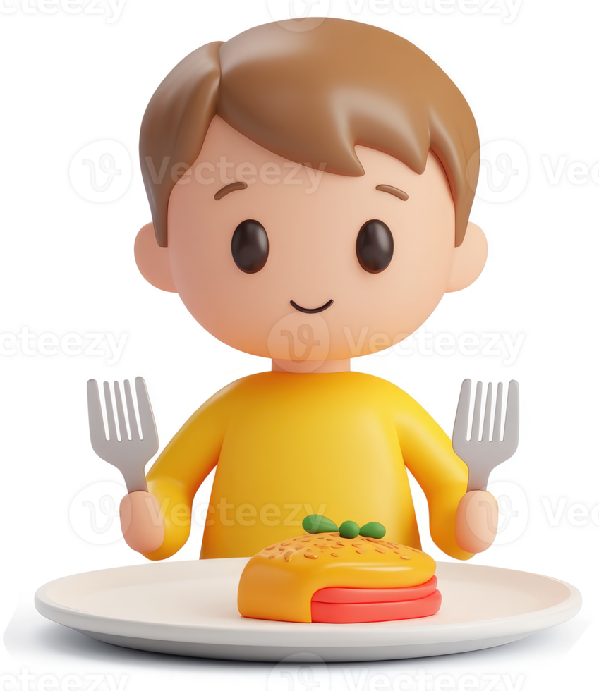 Cartoon boy happily eating a meal. png