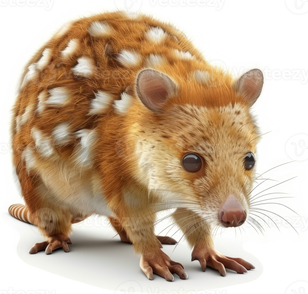 A close-up view of a fluffy, spotted marsupial. png