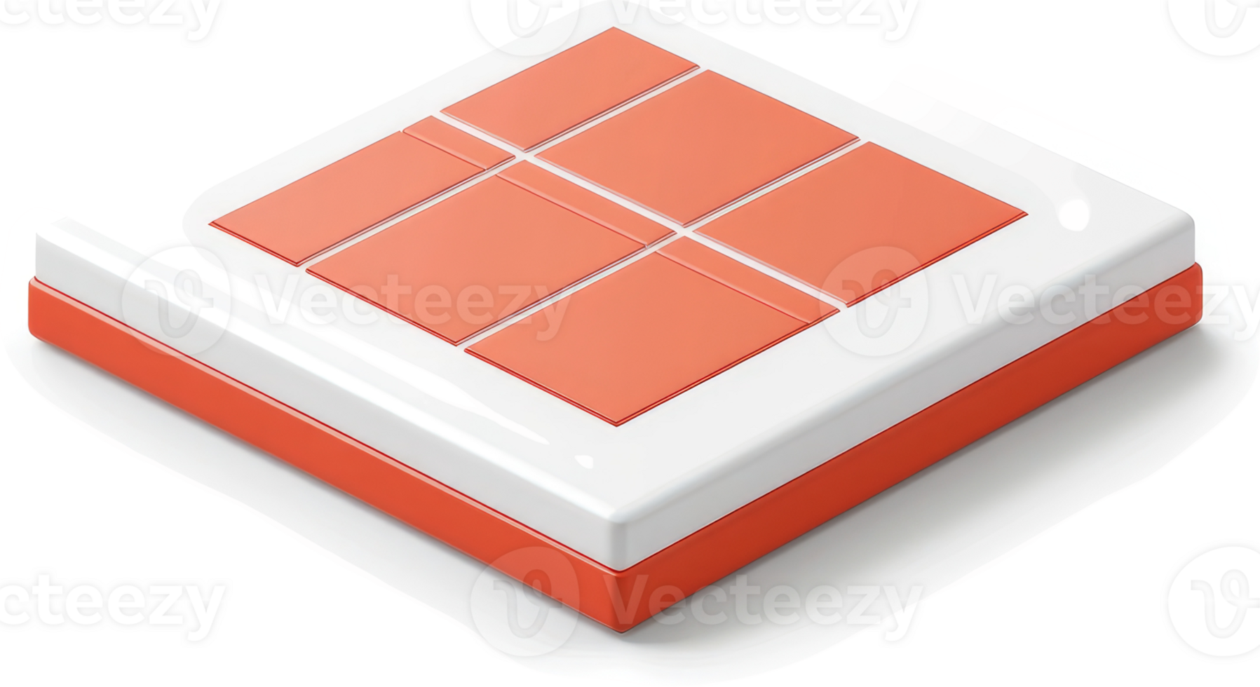 A six-part, coral-colored, interactive square device. png