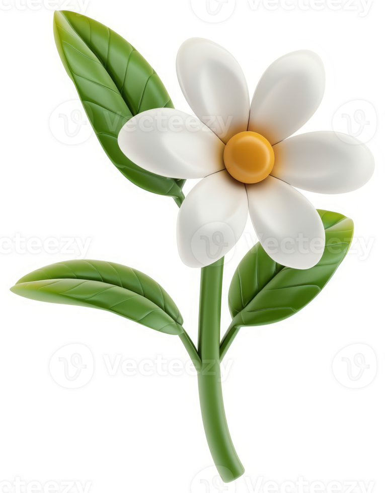 3d rendered white flower with green leaves. png