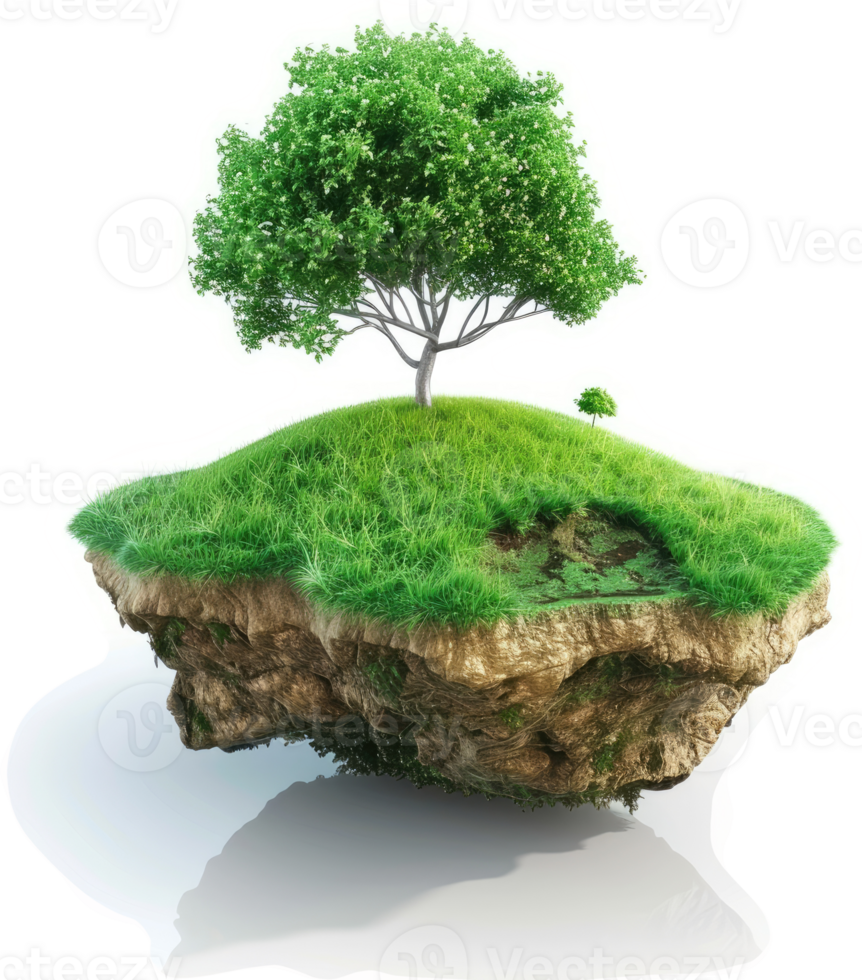 Floating green island with a tree, a serene image of nature. png