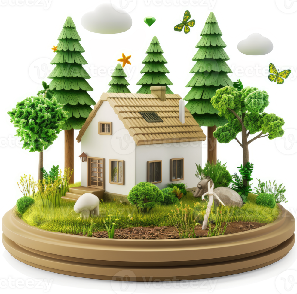 Small, cozy home nestled in a lush forest scene. png