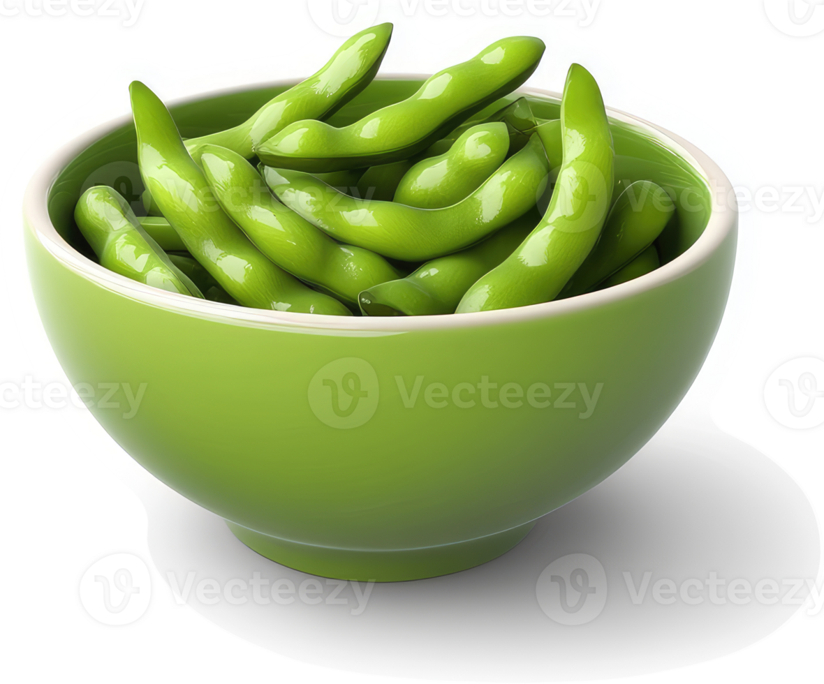 Freshly prepared edamame in a vibrant green bowl. png