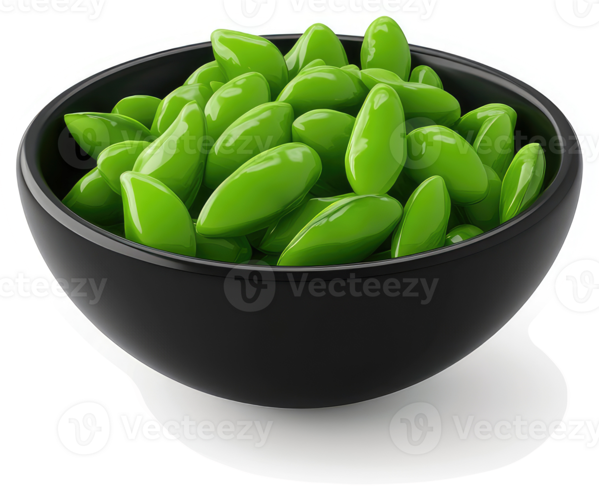 Freshly prepared, vibrant green soybeans in a dark bowl. png